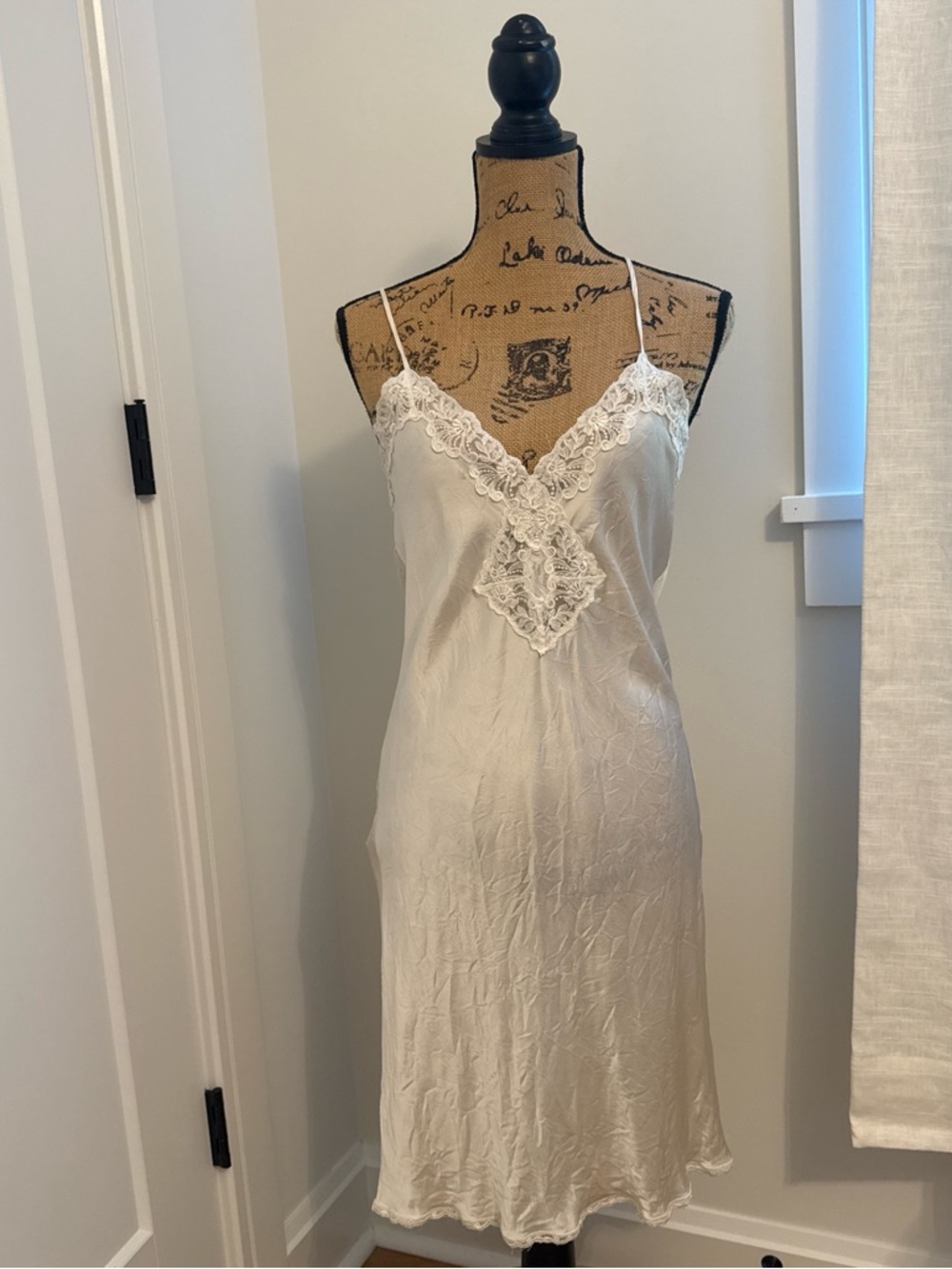 Cream Satin Lace-Trim Midi Slip Dress